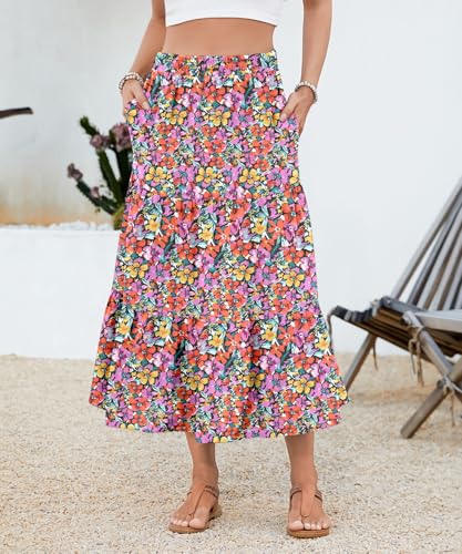 Women's 2025 Summer Boho Tiered Maxi Skirt Flowy A-Line Elastic Waist with Pockets Trendy Beach Long Skirts3
