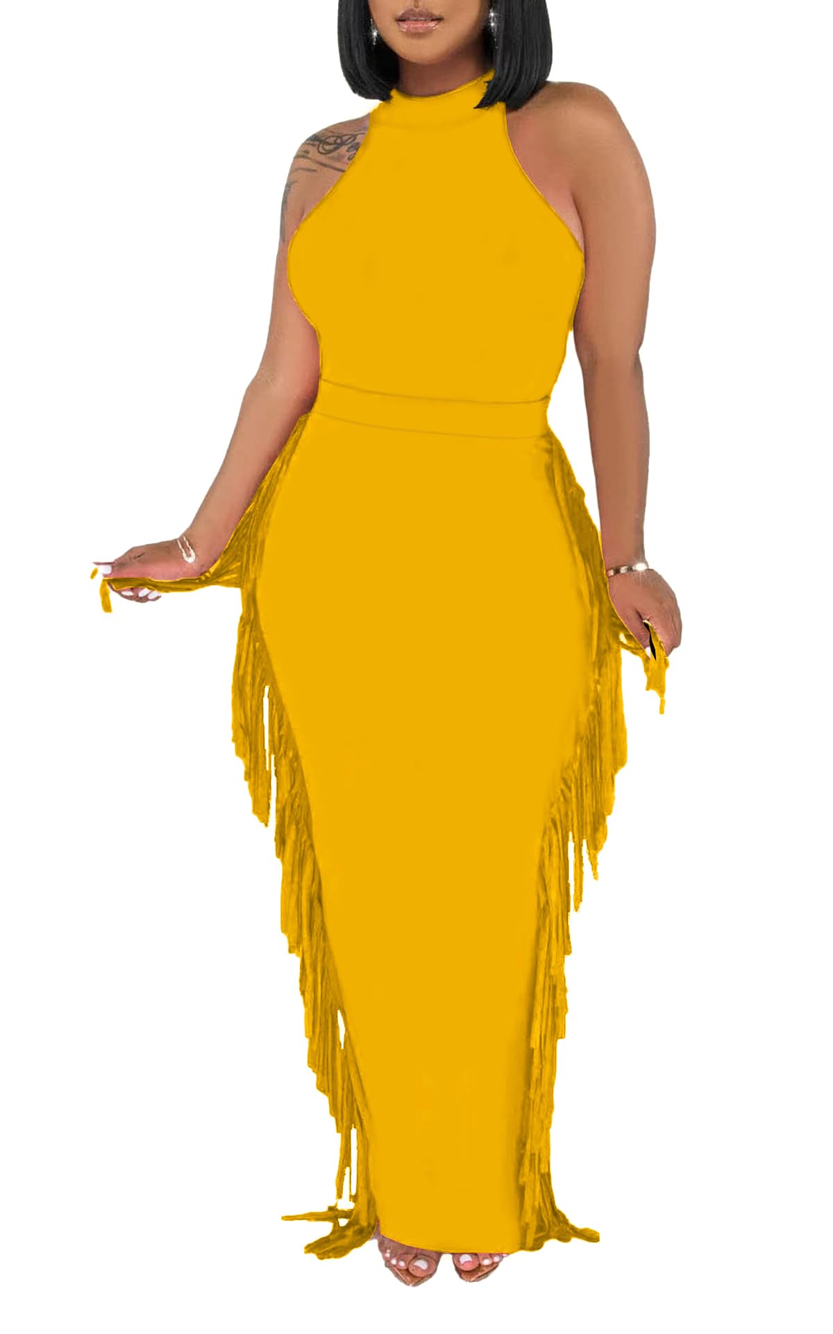 2 Piece Outfits for Women Sexy Halter Neck Sleeveless Crop Tops Ruched Bodycon Dresses Jumpsuits Fringe Skirt Sets