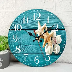 ArtSocket Wooden Wall Clock Silent Non-Ticking, Summer Shell Beach Blue Caribbean Coast Ocean Wood Board Deck Round Wall Clocks Decor for Home Kitchen Living Room Office, Battery Operated(12 Inch)