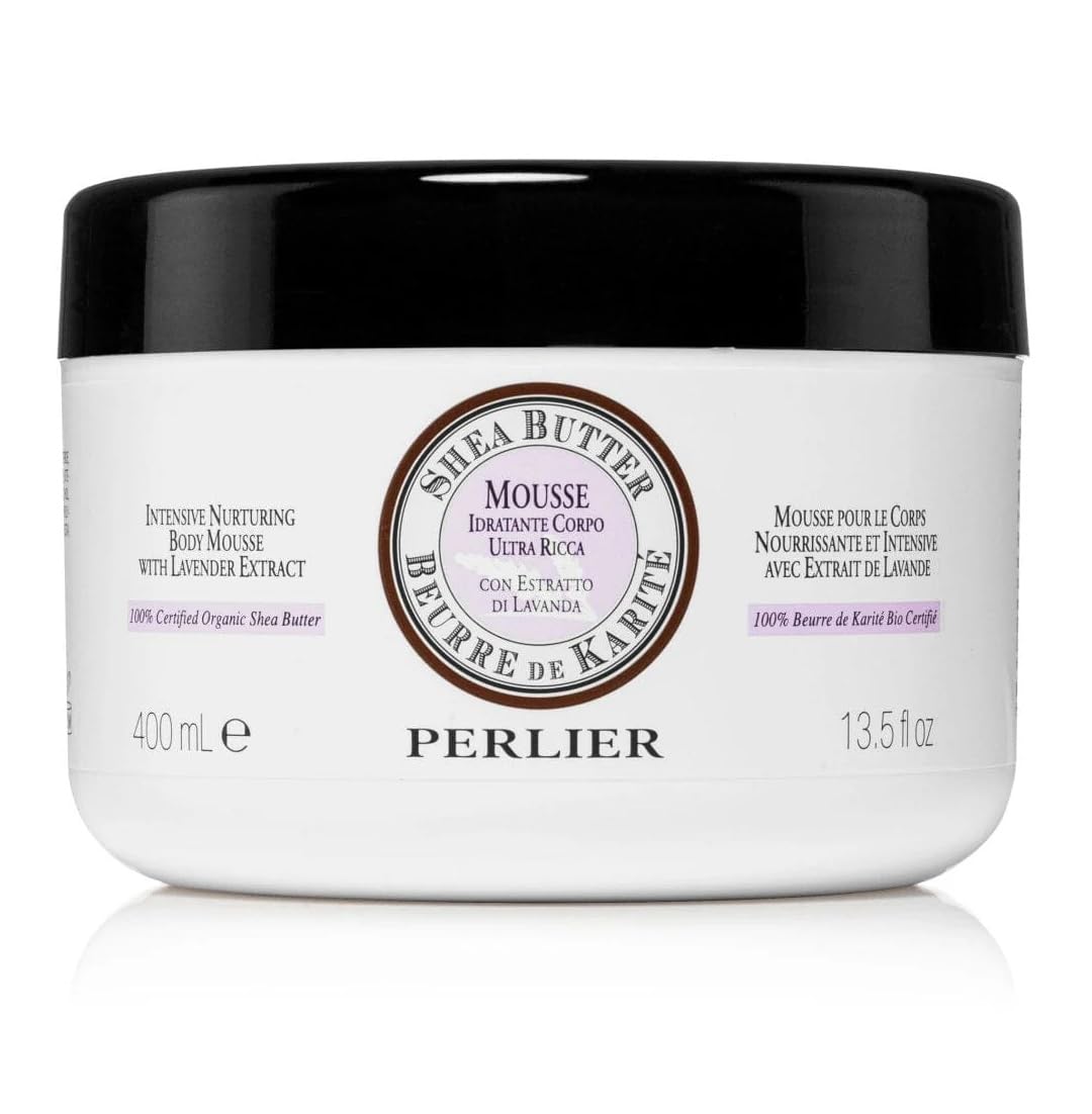 Perlier – Shea Butter & Lavender 48 Hour Hydration Body Mousse, 13.5 fl oz, Ultra-Moisturizing Cream, Fast-Absorbing, Non-Greasy, 100% Organic Shea Butter, Soft & Radiant Skin, Light Lavender Scent
