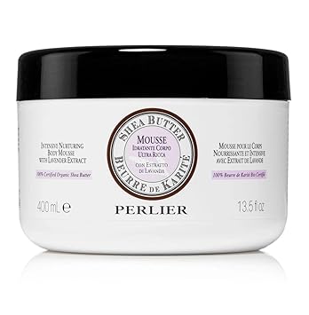 Perlier Shea Butter & Lavender 48 Hour Hydration Body Mousse, 13.5 fl oz, Ultra-Moisturizing Cream, Fast-Absorbing, Non-Greasy, 100% Organic Shea Butter, Soft & Radiant Skin, Light Lavender Scent