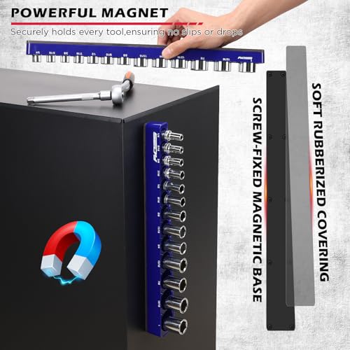 2-Piece 3/8"-Drive SAE Magnetic Socket Organizer Set (Holds 26 Sockets) - Detachable Tool Tray with 5mm Magnetic Base, Screw-Fixed Design & Heavy-Duty Modular Storage for Garage/Home Workshop