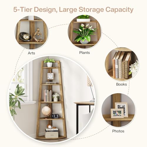 Image of Tribesigns 70 inch Tall Corner Shelf, 5 Tier Modern Corner Bookshelf Bookcase Industrial Corner Ladder Shelf Plant Stand for Living Room, Kitchen, Home Office (Light Brown)