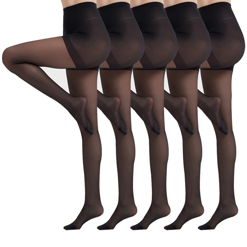 5Pairs Rip Resistant Sheer Tights for Women - 20 Denier Control Top with Reinforced Toes Pantyhose
