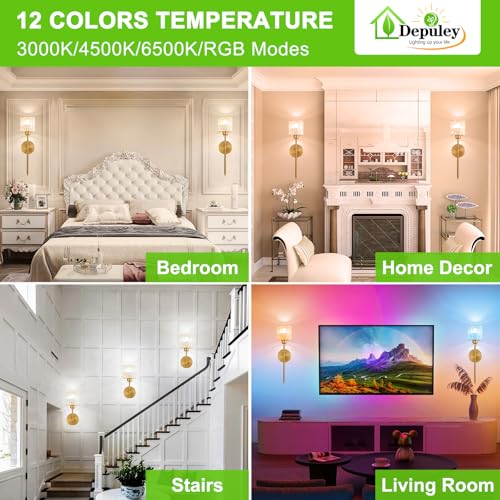 Image of Depuley Battery Operated Wall Sconce: Set of 2 Wireless Crystal Wall Lights with Remote for Bedroom - Rechargeable 15 Colors Gold Wall Lamp for Living Room Hallway Home Decor