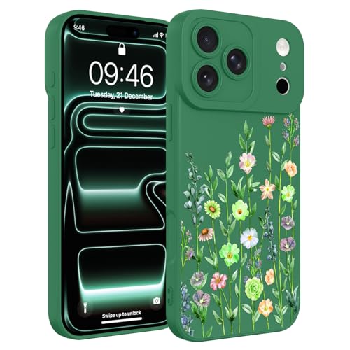 Image of Designed for iPhone 17 Pro Max Case Flower for Women Girls, Green | Cute Floral Pattern Liquid Silicone Phone Case [Full Camera Protection] Slim Soft TPU Protective Cover