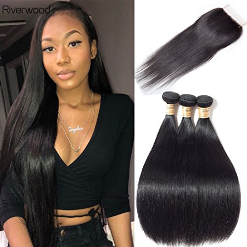 Malaysian Straight Virgin Hair 3 Bundles with Closure 100% Unprocessed Remy Human Hair Weave Bundles with Lace Closure Free Part 4 Pc/Lot(10 12 14 with 8inch Closure)
