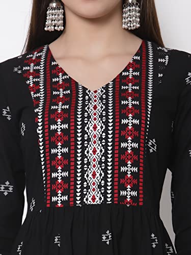 Image of Rangavali Black Tiered Dress for Women | Western A-Line Embroidery Maxi Long Dresses for Womens | Mangalgiri Cotton 3 /4 Sleeves 1 Piece Dress for Ladies | All
