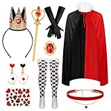 Japior 9 Pcs Red Queen Costume Set for Women Include Red and Black Cape Brooch Black Satin Gloves Stockings Necklace Earrings Queen Crown Wand and Stickers Halloween Wonderland Fancy Dress Up