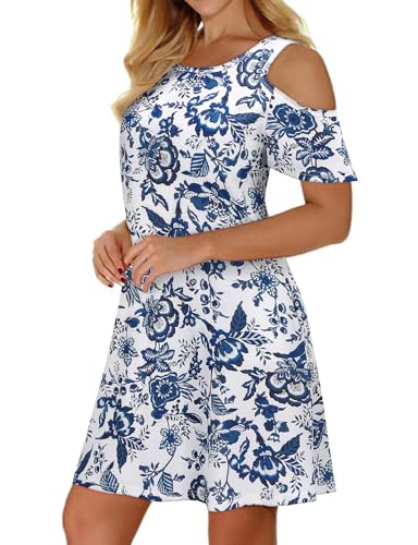 Image of Misyula Style Womens Summer Cold Shoulder Floral Flowy T-Shirt Dress with Pockets