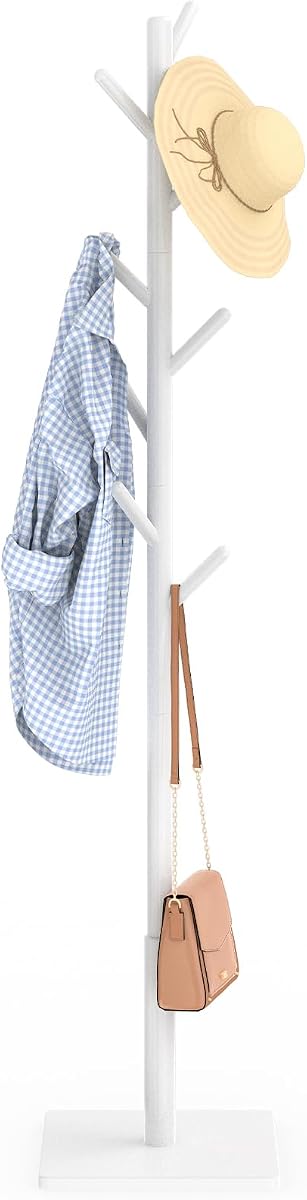 Wooden Coat Rack Freestanding with Stable Square Base,White | Coat Tree with 3 Adjustable Sizes and 8 Hooks,70.9In Garment Rack for Bedroom,Entryway,Clothing Stand, Hanger for Hat,Scarve