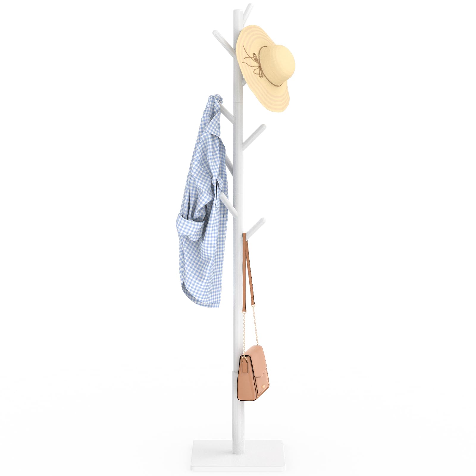 Appendiabiti da Terra, Attaccapanni Ingresso in Legno Massiccio, 8 Ganci, 3 Hauteurs, per Abbigliamento, Cappelli, Sciarpa, per Ufficio, 30×30×180cm, Bianco