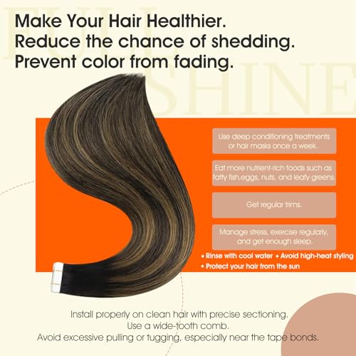 Image of Full Shine Tape Hair Extensions Real Human Hair 12Inch Color 1B Black Ombre 6 Brown Highlight 1B Tape in Human Hair Extensions Double Sided Tapes ins 30Gram 20Pcs Seamless Invisible Straight Hair