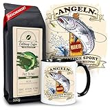 NICE-Presents - Geschenkset Tasse mit Kaffee - Angeln, Bier & Fisch Motiv - Schwarzer Henkel - Kaffeetasse 300 ml - Keramik, spülmaschinenfest - Peru Melange Kaffee 500g - Geschenk für Kaffee Fans
