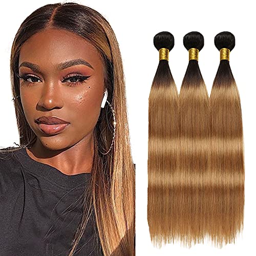 AuokMar 1B27 Weave Hair Human Bundles Ombre Straight Wavy 8A Peruvian 3 14 16 18 Inch Soft 100% Unprocessed Virgin Extensions 300g/pc, 2akm1b27st004