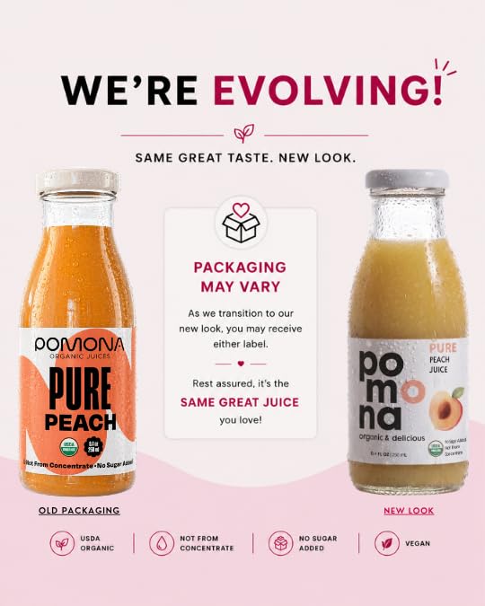 Image of Pomona Organic Peach Juice (Pack of 12), Cold Pressed USDA Organic Juices, 100% Peaches, No Added Sugar, Not From Concentrate, Vegan, Kosher, Non GMO, Pasteurized, 8.4 oz Glass Bottles