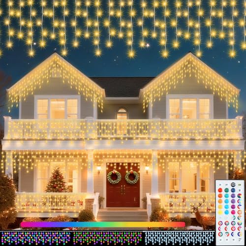 Image of Pooqla 35 Colors Icicle Lights for Outside, 58FT Icicle Christmas Lights | Outdoor Roof Christmas Lights with Remote, Color Changing LED Hanging String Lights for Roof Window Halloween Decorations