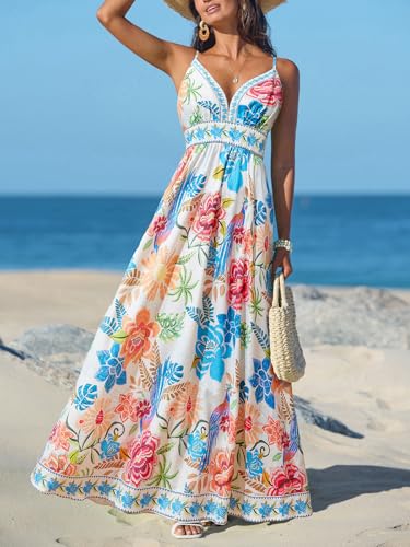 Image of CUPSHE Women's Summer Dresses Casual Spring V Neck Sleeveless Floral Beach Vacation Long Spaghetti Strap Flowy Maxi Dress