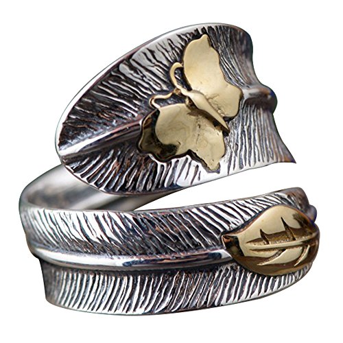 Two Tone 925 Sterling Silver Feather Ring Golden Butterfly Leaf for Women Men Open Adjustable