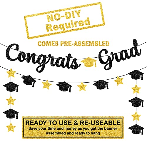 Image of Graduation Decorations 2026 | Glitter Black and Gold Congrats Grad Banner - 10 Feet | Black and Gold Graduation Banner | Cap Garland for 2026 | 2026 Grad Party Decorations, KatchOn