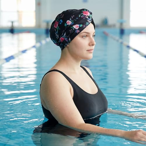 Bonnet de Bain pour Femmes à Large Tour de Tête Bonnet de Natation en Tissu Élastique Cagoule Piscine Élégante de Protection Cheveux pour Plage Piscine – vue 6
