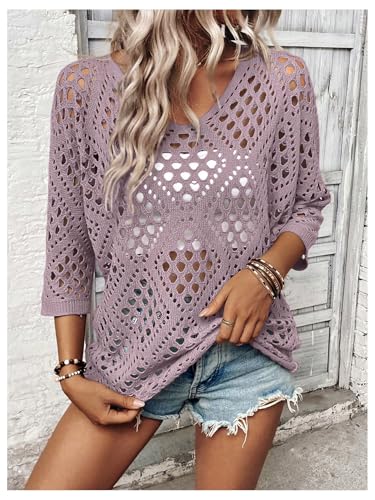 Image of Verdusa Women's Crochet Beach Summer Sweater 3 /4 Length Sleeve Boho Off The Shoulder Tops