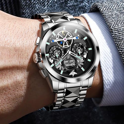 Image of OUPINKE Men Watch Automatic 5 Hands Multi Calendar Year /Month /Week /Date Mechanical 5ATM Waterproof Luxury Tungsten Steel Sapphire Crystal Wrist Watch for Men