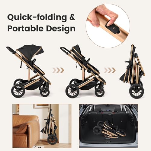 Image of INFANS 2 in 1 Baby Stroller, Folding Newborn Pram Convertible Stroller Bassinet for Infant Foldable High Landscape Shock Absorption with Reversible Seat Aluminum Structure for Pushchair