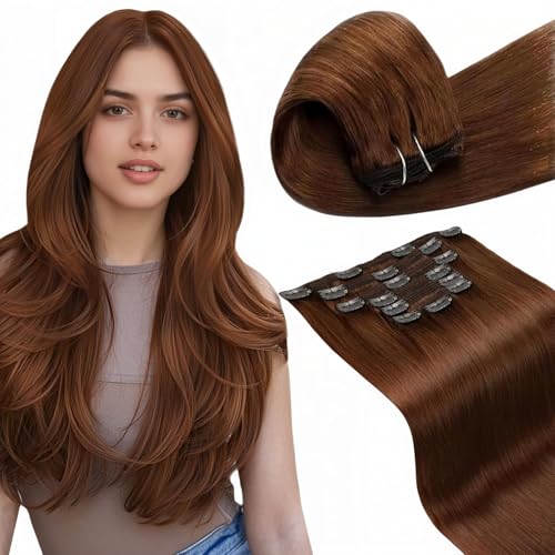 Image of LaaVoo Clip in Hair Extensions Auburn Brown Human Hair Clip in Extension Auburn Brown Hair Extension Clip ins Full Head 18 Inch 7pcs 135g