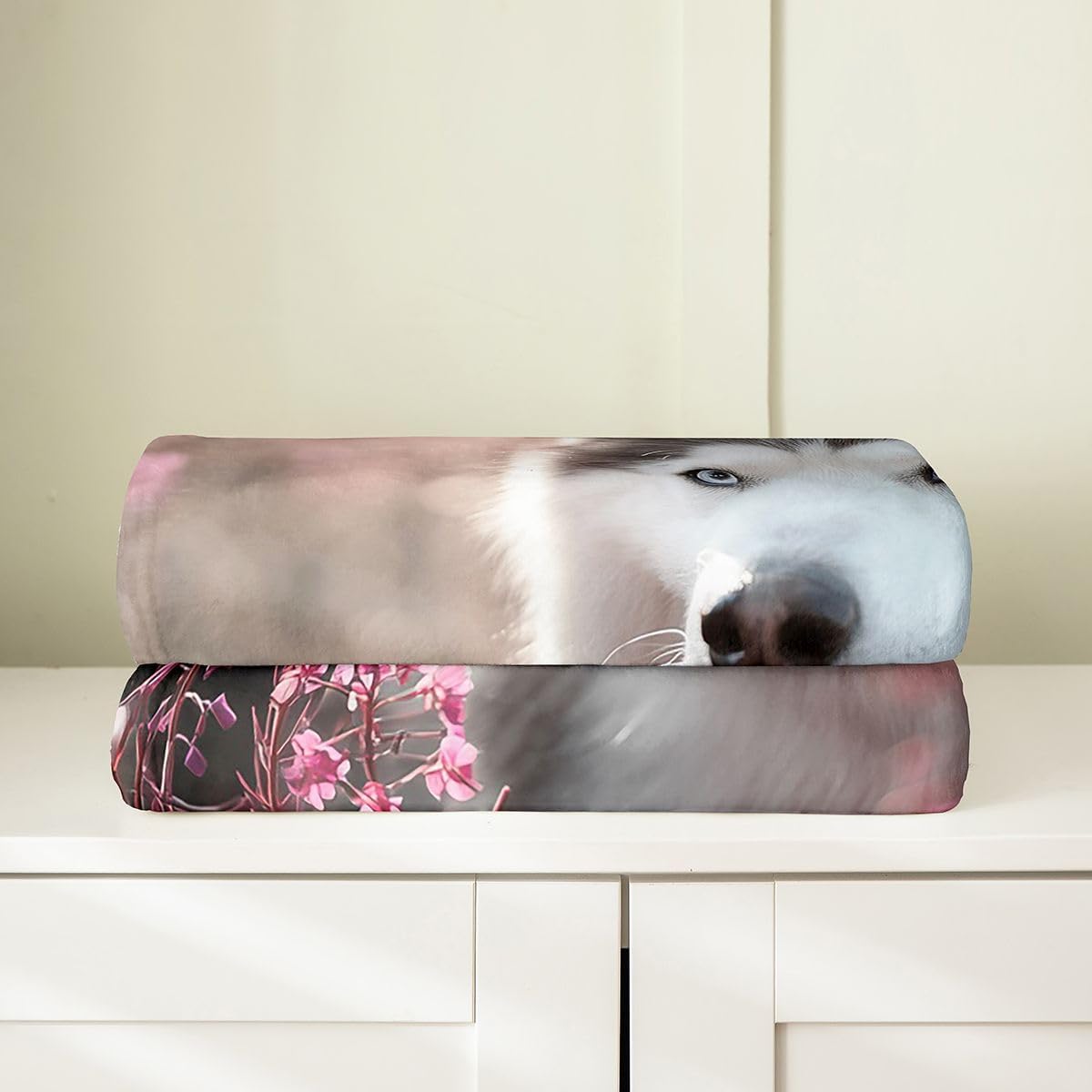 Cherry Dog Fleece Throw Blanket for Bed Sofa Couch,Kids Pet Dog Siberian Husky Floral Fleece Flannel Fuzzy Blanket All Season Bed Blanket,Pink Cherry Blossom Room Decor Plush Blanket Twin 60"x80"