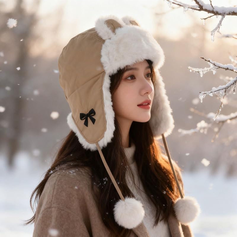 Bow Plush Lei Feng hat Women's Autumn and Winter Outdoor Warm and Cold Hairball Ear hat