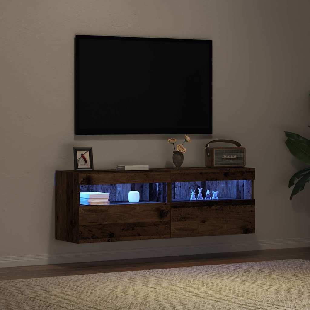 vidaXL Meuble TV Mural avec LED 2 pcs Bois Ancien 60 x 30 x 40 cm, Meuble TV Moderne pour Salon, Cabinet rectangulaire Mural, Rangement Gain de Place, éclairage LED Dynamique