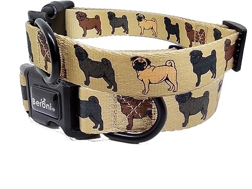 Mops Halsband Hundehalsband für Mops beige mit Mops Motiven Pug Halsband verstellbar exklusiv mit klick weich Platinum 32-50 cm x 2,5 cm breit