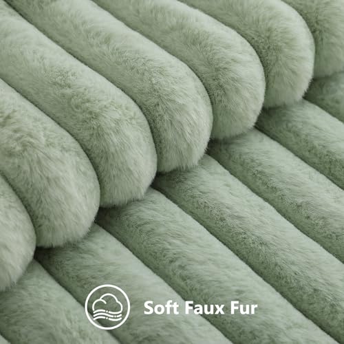 Image of decorUhome Fall Cozy Faux Fur Throw Pillow Covers 12x20 Set of 2 Decorative Soft Plush Striped Lumbar Modern Farmhouse Boho Couch Pillow Cases with Velvet Back for Sofa Bed Living Room, Sage Green