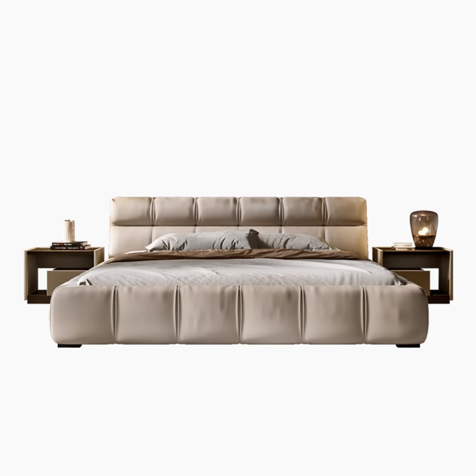Modern King Size Genuine Leather Bed with Wingback Headboard and Storage Drawers Upholstered Platform Bed Frame with Wooden