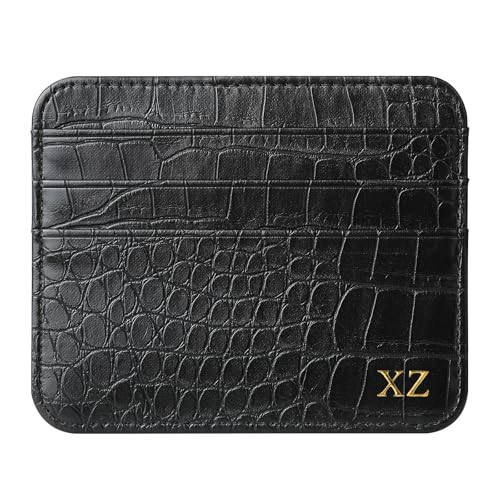 Customized Gold Silver Initial letters Credit Card Holder Wallet, PU Leather Ultra Slim Wallet, Thin Minimalist Credit Card Case Card Protector, Front Pocket Wallets for Men, Women (croco-black)