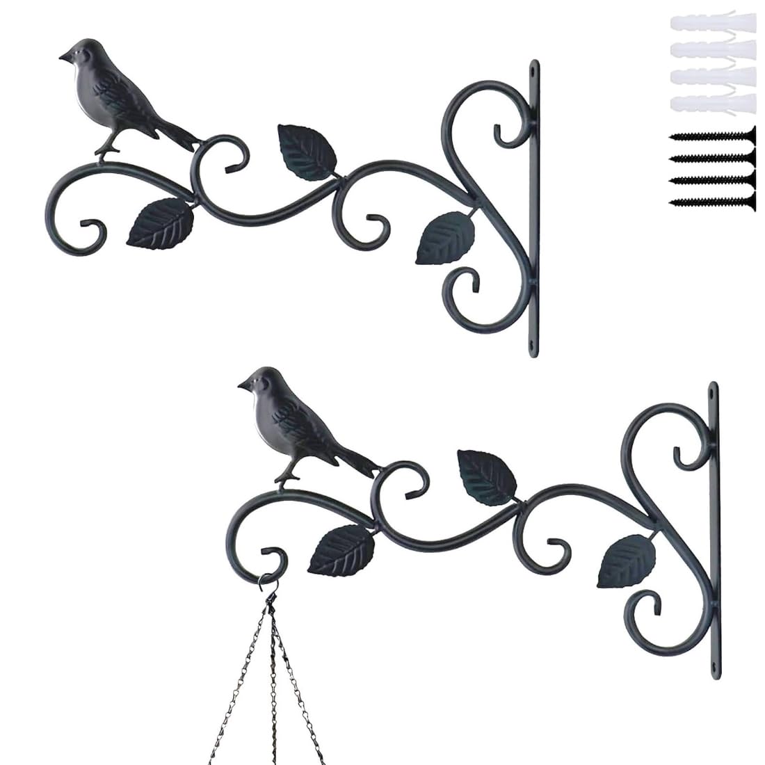 Pack of 2 Metal Bracket Hanger for Flower Basket, Wind Chimes, Bird Feeders and Lantern Plants | Bird Design Wall Mounted Hanging Plant Bracket for Indoor and Outdoor (BD3 - Black)