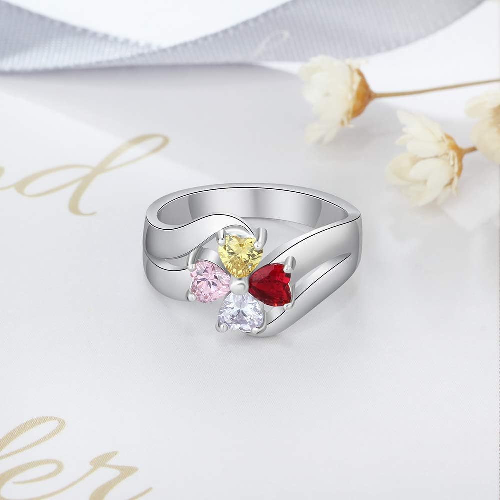 Lovejewelry Personalized Sterling Silver Mothers Rings with 4 Simulated Birthstones Engraved 4 Names Heart Rings for Women Customized Mom Family Rings