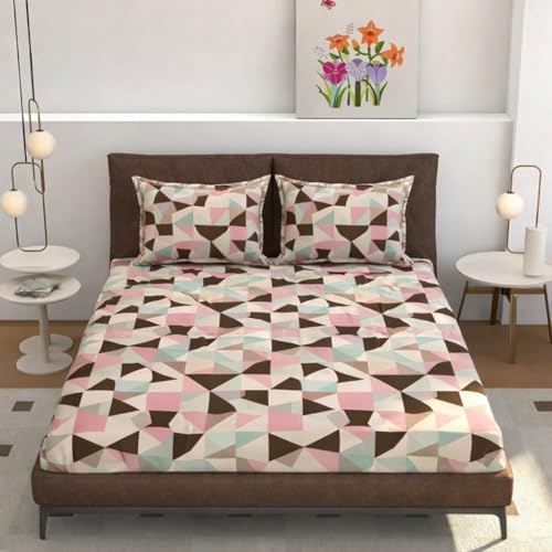 Image of Castiqa Elastic Fitted Supersoft Premium Polycotton 200TC Super King Size 108x108Inch Jointless Bedsheet with 2 Pillow Covers (Triangles, Super King 108x108inch (12 inch Mattress))