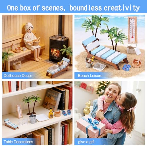 15 Teile Sauna Wichtel Zubehör Set mit Sauna Thermometer Liegestuh Weingläser Saunakübel und Weiteren Miniatur Zubehör für Puppenhaus Diorama Weihnachtsgeschenk DIY Wellness Gutschein Verpackung