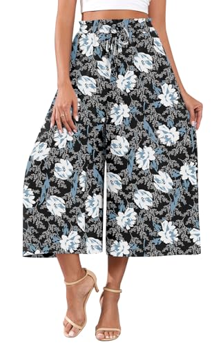 POPYOUNG Summer Womens Capri Wide Leg Pants Palazzo Pants Drawstring Dressy Casual Trousers with Pockets2