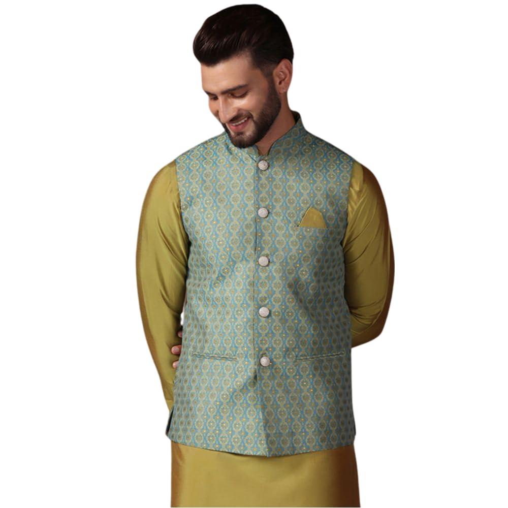 kisah Men's Nehru Jacket, Blue Silk Blend, Embellished Regular Fit Mandarin Collar Sleeveless-picture-30