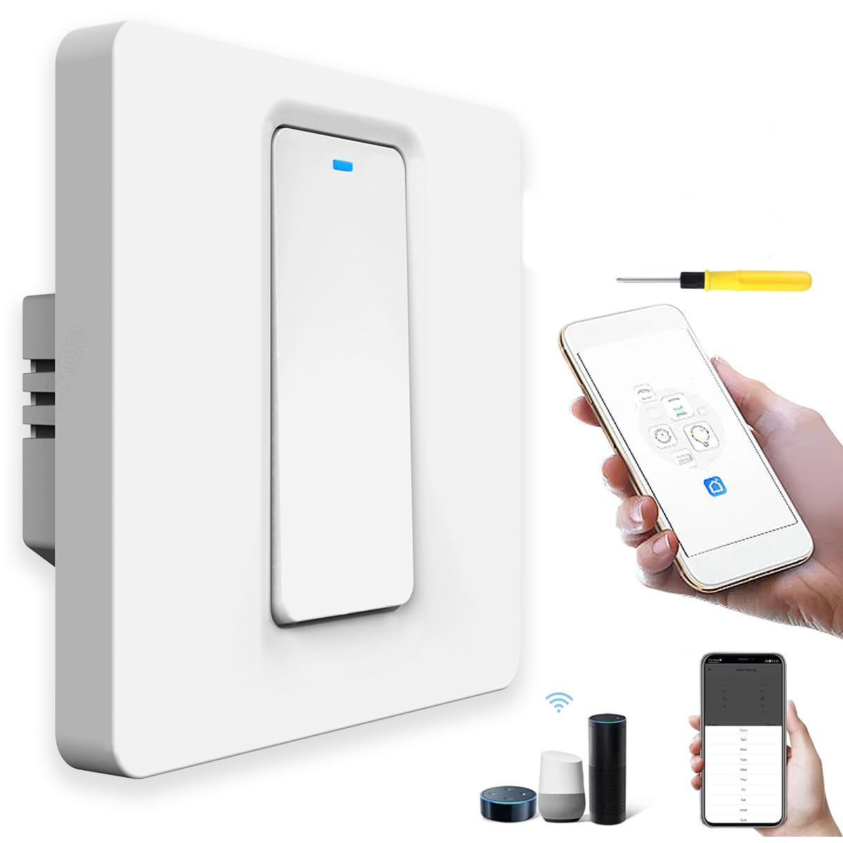 Acmerota Interruptor de pared inteligente compatible para Alexa interruptor de luz 1Gang 1Way (neutro requerido) Interruptor de luz inteligente WIFI para Google Assistant (no requiere HUB)
