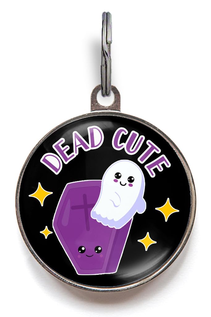 Funny Halloween Dog Tag – UK Made – Customised, 2 Sizes for Dogs & Cats – Dead Cute Ghost Design – Double-Sided, Waterproof Pet ID – Spooky Humorous Name Tag for Halloween