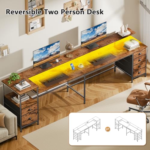 Image of Furologee 95 inch Two Person Computer Gaming Desk, Long 2 Person Home Office Desk with 6 Drawers & Storage Shelves, Double Table with Power Outlets, LED Lights and Full Monitor Shelf, Rustic Brown