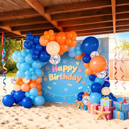 Image of Bezente Blue and Orange Party Latex Balloons Kit 60pcs 12-in with 1 ribbon | Light Royal Blue Nude Orange Confetti Helium Balloons for Kids Birthday Baby Boys Shower Anniversary Graduation Party Decor