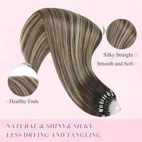 Image of YoungSee Micro Loop Hair Extensions Real Human Hair Balayage Microlink Hair Extensions Dark Brown Ombre Blonde Bead Hair Extension 16In 57g 50s Pre Bonded Hair Extension for Adding Volume