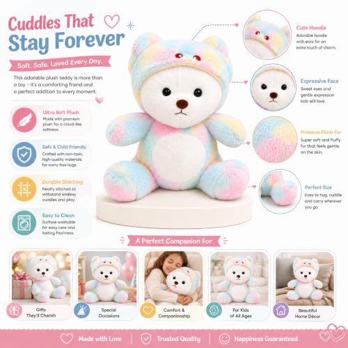 Image of VanityX Soft Plush Teddy Bear with Cute Hoodie, Rainbow Stuffed Animal Toy for Kids, Baby Teddy Bear, Hugging Plush Doll, Birthday Gift for Girls & Boys, Home Decor (40 cm, Rainbow Color)
