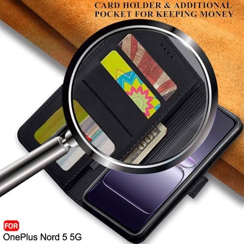 Image of TheGiftKart heGiftKart Genuine Leather Finish Flip Back Cover Case for OnePlus Nord 5 5G | Inbuilt Pockets & Stand | Wallet Style | Designer Button Magnet Flip Back Cover Case (Faux Leather, Black)