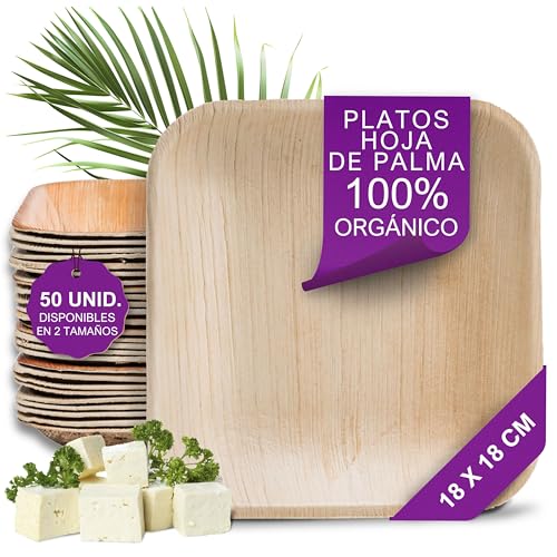 Waipur 50 Platos Desechables de Hoja de Palma Orgánicos - Cuadrado 18x18 cm - Vajilla Ecológica Elegante - Estable, Natural y Biodegradable - Menaje para Fiestas, Barbacoas y Picnic